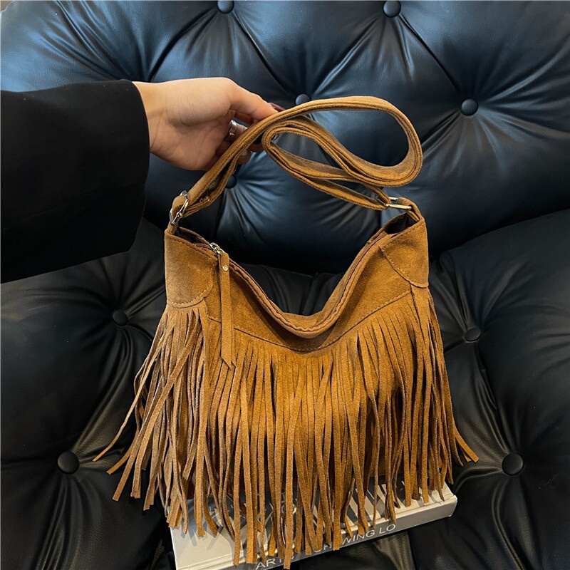 Brown Matte Design Bag 2024 Autumn New Women's Bag Bohemian Retro Versatile Crossbody Bag with Tassels