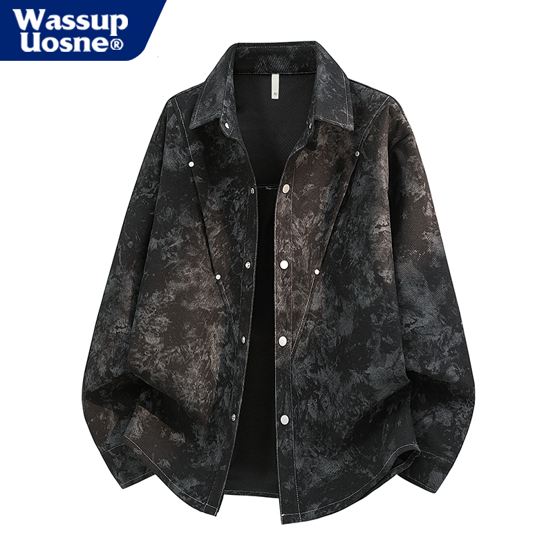 Wassup Uosne American Retro Tie-Dye Long-Sleeved Shirt Men's Trendyy Loose Lapel Shirt Jacket Top