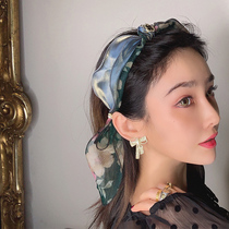 RU Korean light bright silk double layer snow yarn Bud ribbon non-slip hair hoop elegant and gorgeous retro drill headband