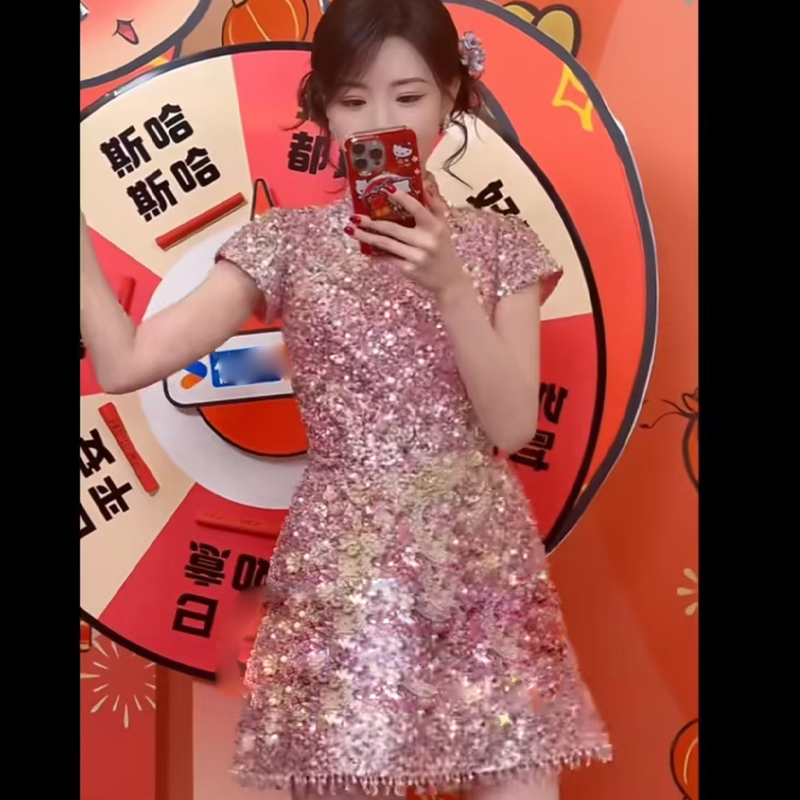 Engagement Dress, Morning Gown, Bride's Casual Wear on the Wedding Day, Modernized Cheongsam, Chinese-Style Lace Sequin Host's Toast Dress