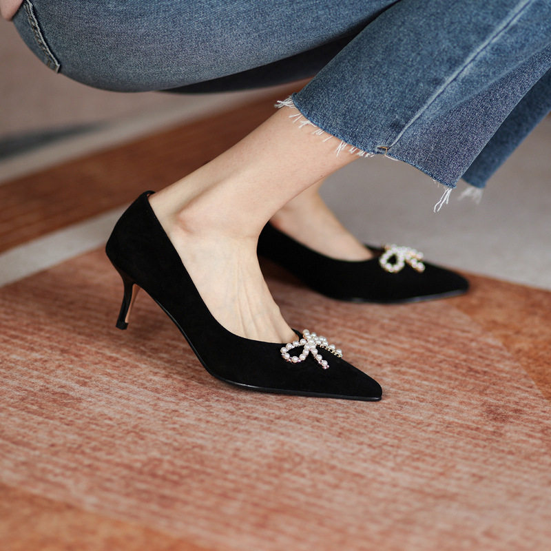 Nicole veve rhinestone bow black heels fairy-inspired temperament stiletto heel pointed toe shallow mouth shoes
