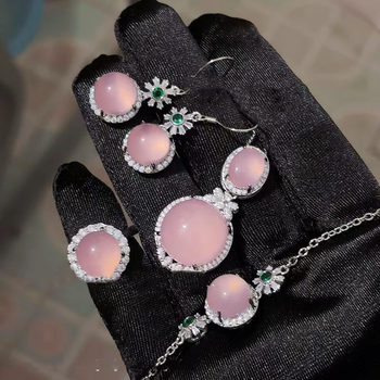 Natural pink jade four-piece set of light luxury chalcedony jewelry