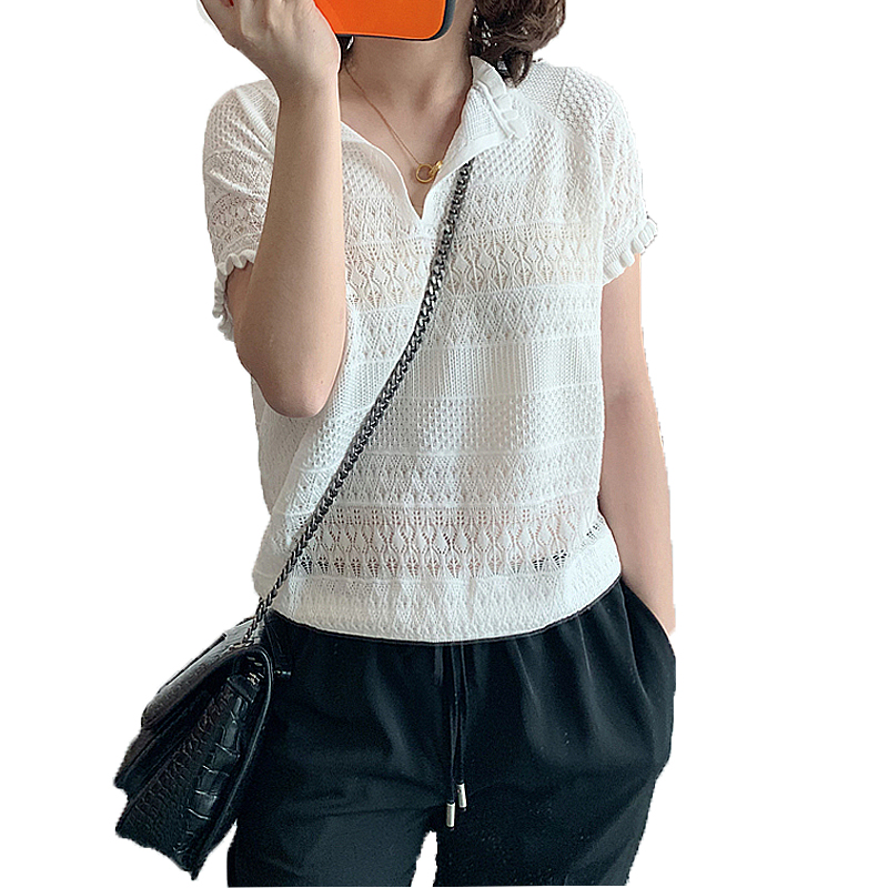 Loose lụa mùa hè knitshirt ngắn tay bộ áo mỏng dơi rỗng lụa lưới băng áo thun tai gỗ nữ