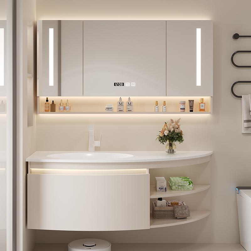 Imported Dupont Corian Slate Basin Oak Bathroom Cabinet Side Grids Arc-Shaped Washbasin Narrow Apartment Washbasin