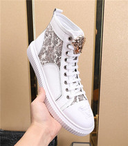 Fall new beauty Duesha High Help Small white shoes Mens genuine leather printed lace parquet of high bony white mens board shoe tides