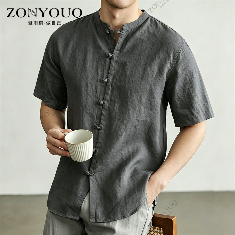 Linen Short-Sleeved Shirt, Summer Men's Thin Style, Simple, Casual, Loose, Comfortable, Breathable Shirt, Chinese Style Stand-Up Collar Tang Suit Linen Short-Sleeved Shirt, Summer Men's Thin Style, Simple, Casual, Loose, Comfortable, Breathable Shirt, Chinese Style Stand-Up Collar Tang Suit
