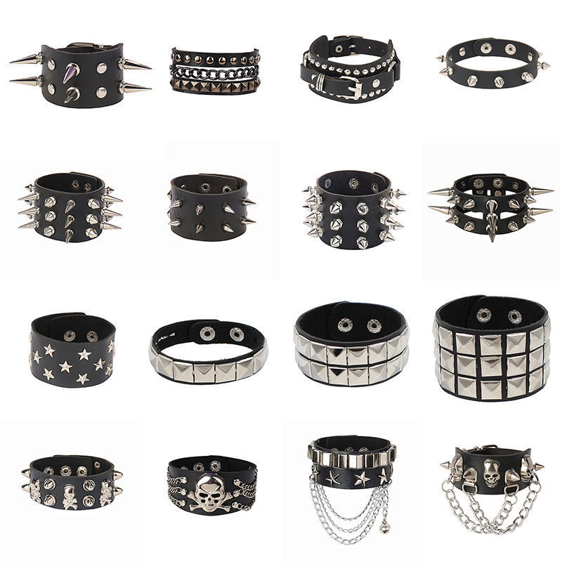 Fashion Punk Gothic Skull Studded Dark Retro Couple Leather Pu Bracelet Couple Bracelet Bangle