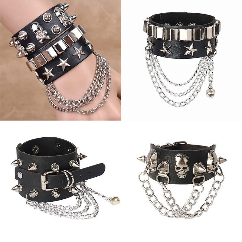 European and American Retro Rivet Punk Style Multi-Chain Bracelet Non-Mainstream Couple Leather Bracelet Pu Bracelet Jewelry