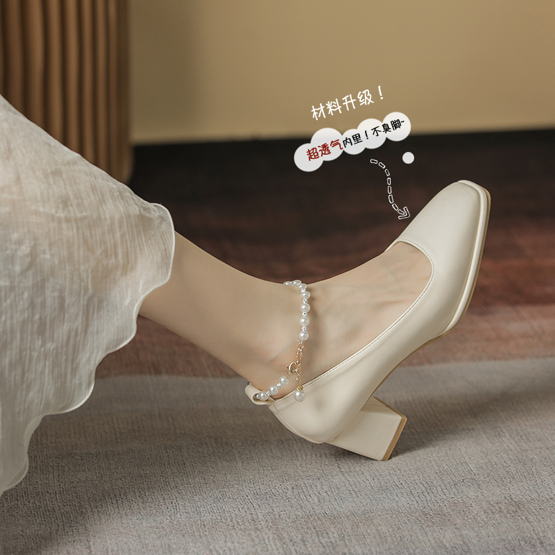 Single shoes women's 2020 new spring and autumn square toe thick heel Mary Jane shoes women's Xiaoxiangfeng evening gentle mid-heeled high heels