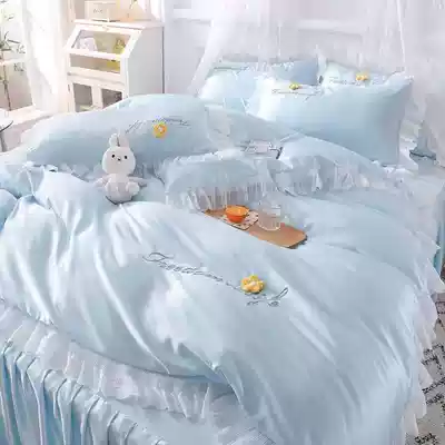 Summer ice silk bed skirt four-piece set Cotton pure cotton embroidery quilt cover quilt cover Silk bed cover bed cover style lace