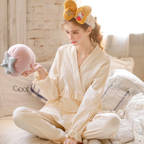 Moon clothes Spring and summer cotton postpartum autumn and winter thin pregnant women feeding nursing pajamas Large size home kimono set