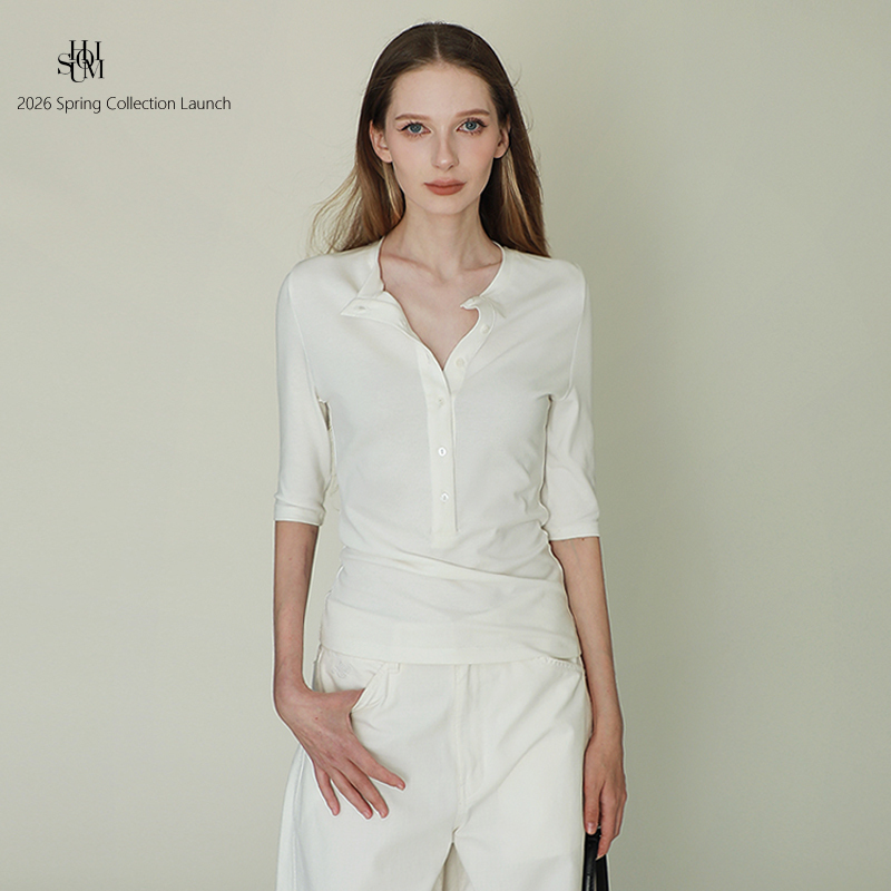 Shuomi White Mulberry Silk Henley Collar Mid-Sleeve T-Shirt for Women, Elastic Slim-Fit Knit Base Shirt, American Style Top for Summer Shuomi White Mulberry Silk Henley Collar Mid-Sleeve T-Shirt for Women, Elastic Slim-Fit Knit Base Shirt, American Style Top for Summer