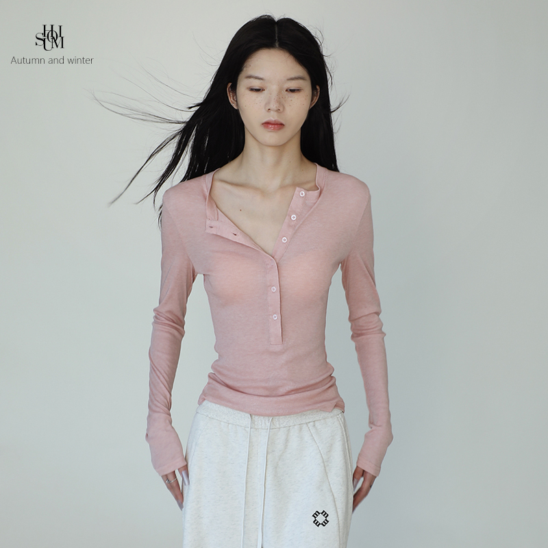 Shuomi Mulberry Silk Henry Collar Long Sleeve Light Pink Slim Fit T-Shirt for Women Stretch Knit Base Shirt American Style Top