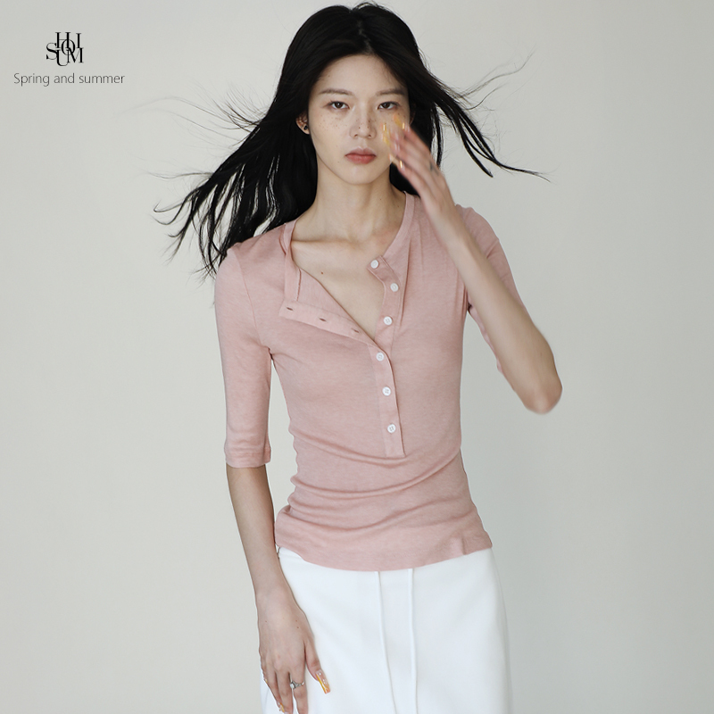 Shuomi Mulberry Silk Henry Collar Mid-Sleeve Light Pink Slim Fit T-Shirt for Women Stretch Knit Top with Shell Buttons