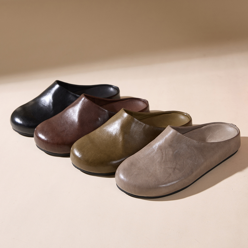 Row Style Horse Leather Mules, Washed Genuine Leather, Soft Sole, Retro Lazy Closed-Toe Slippers, Unisex Genuine Leather Slippers