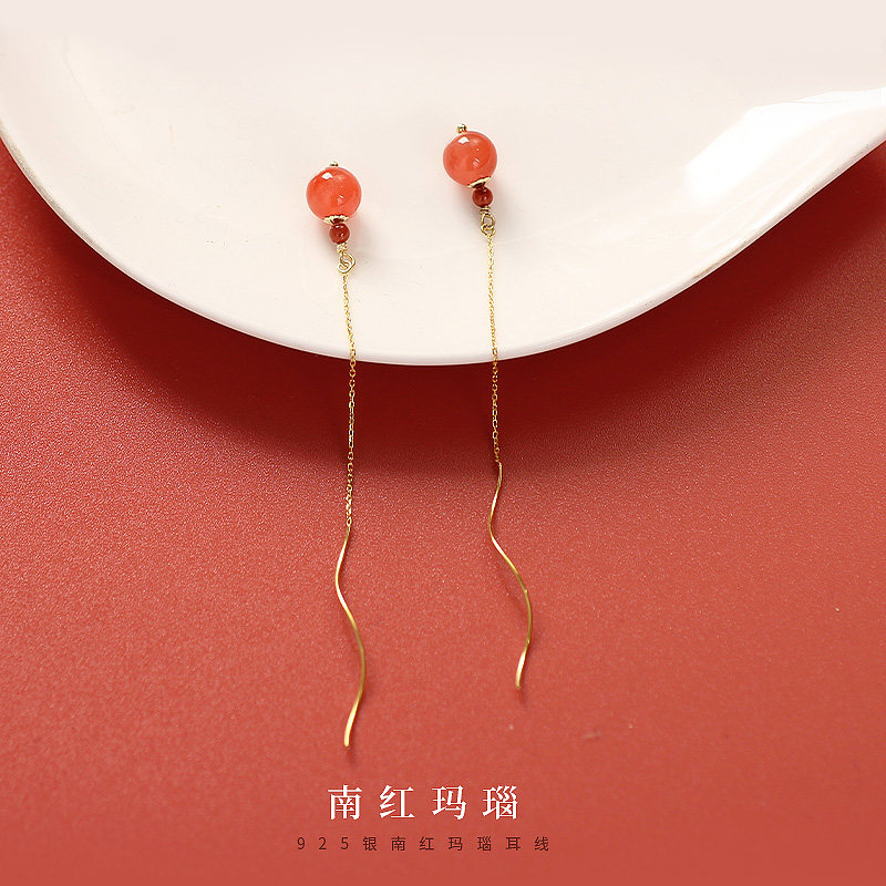 925 Silver South Red Agate Pure Silver Earrings Women Wave China Wind Earrings 2022 New Ins Small Crowddesign