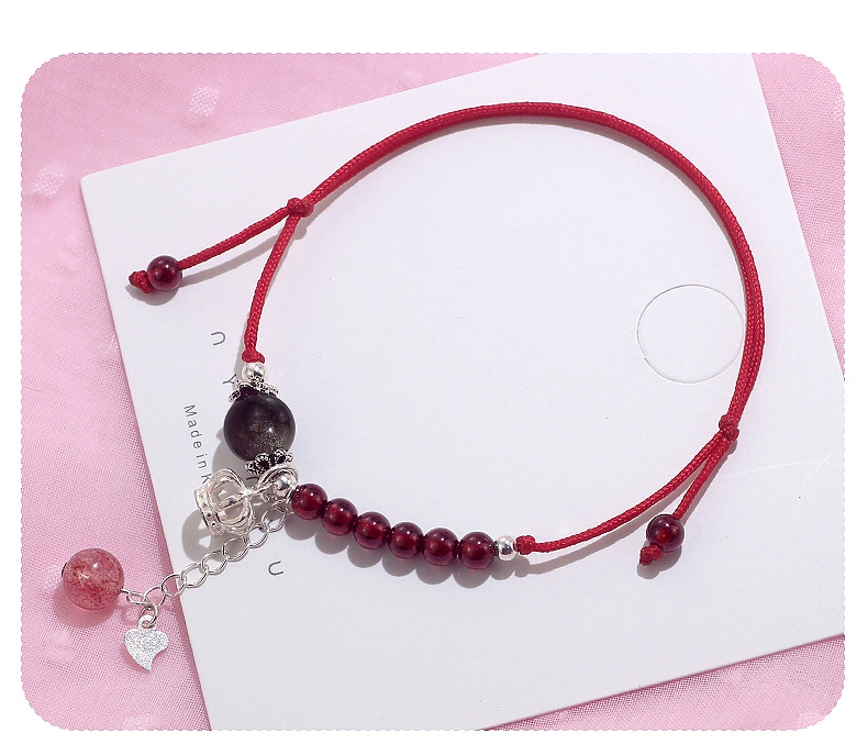 Sterling bạc tự nhiên pha lê dâu pha lê garnet vòng chân nữ dây đỏ phiên bản Hàn Quốc của các sinh viên đơn giản Sen tua chuỗi mắt cá chân lắc chân nữ pnj
