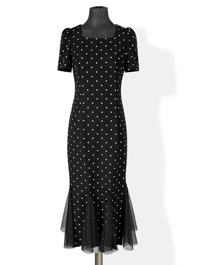 Hepburn-Style Black Dress for Women, Summer High-End Bodycon Long Dress, Banquet Fishtail Evening Dress, Polka Dot Little Black Dress