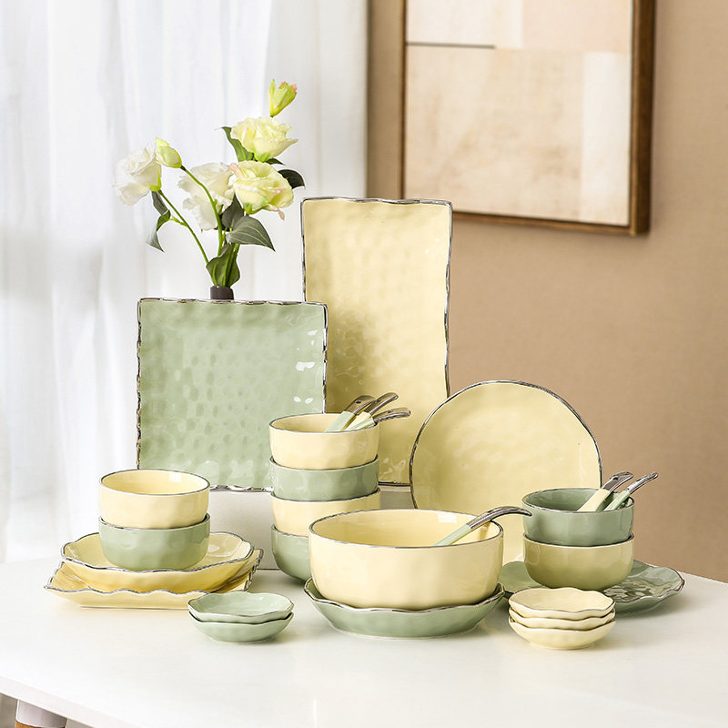 Light luxury silver edge rice bowl home modern high-end soup bowl dish dish plate housewarming cream style ceramic tableware set