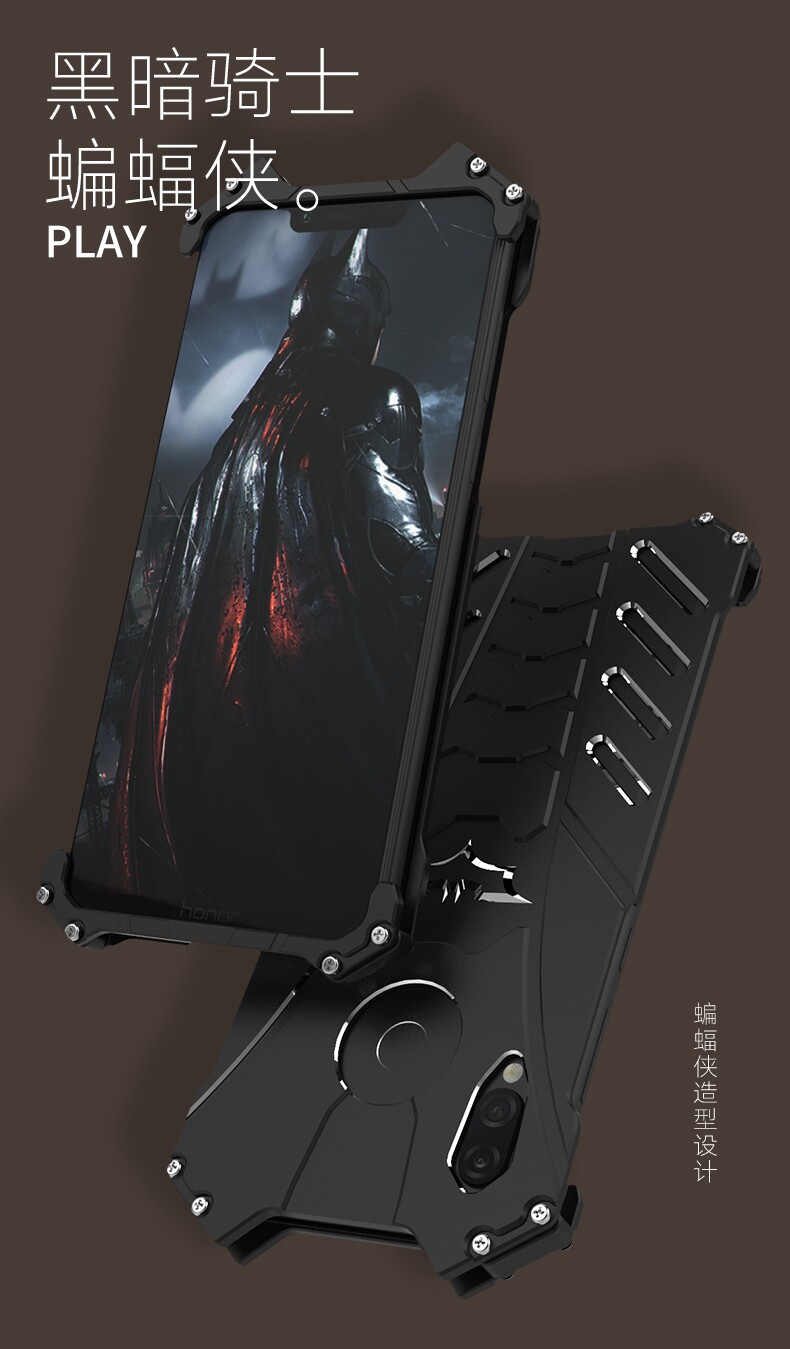 R-Just Batman Shockproof Aluminum Shell Metal Case with Custom Batarang Stent for Huawei Honor Play