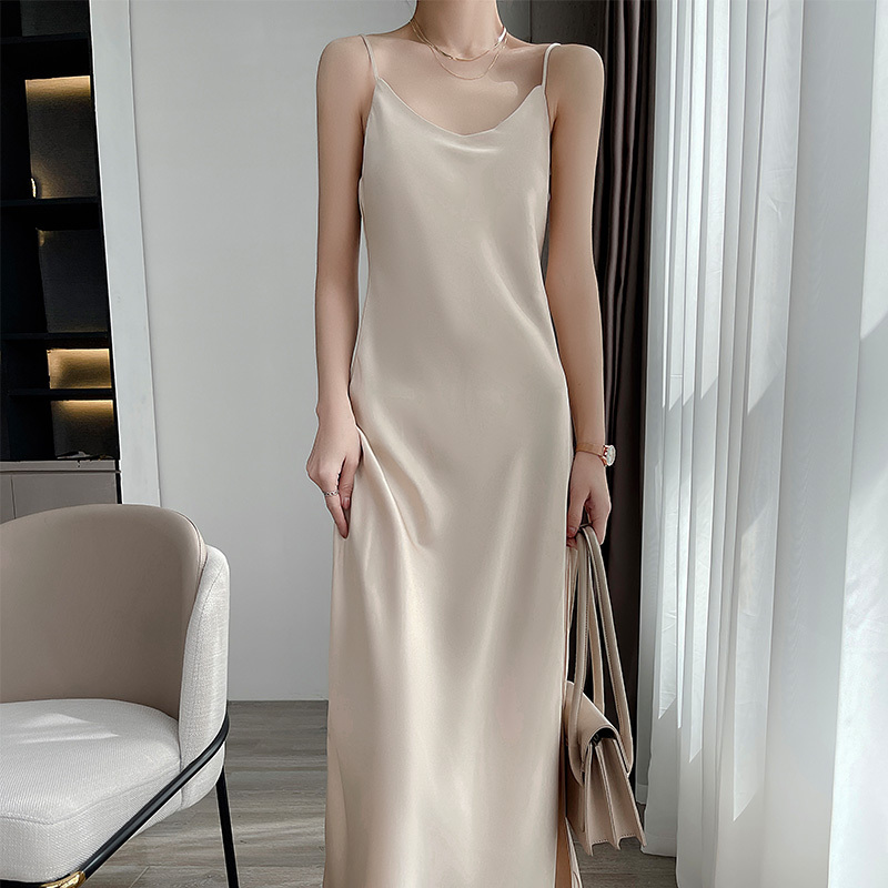 Acetate Satin Slip Dress, Summer Women's Style, Mulberry Silk Inner Layer, High-End Silk V-Neck High-Waisted Long Dress