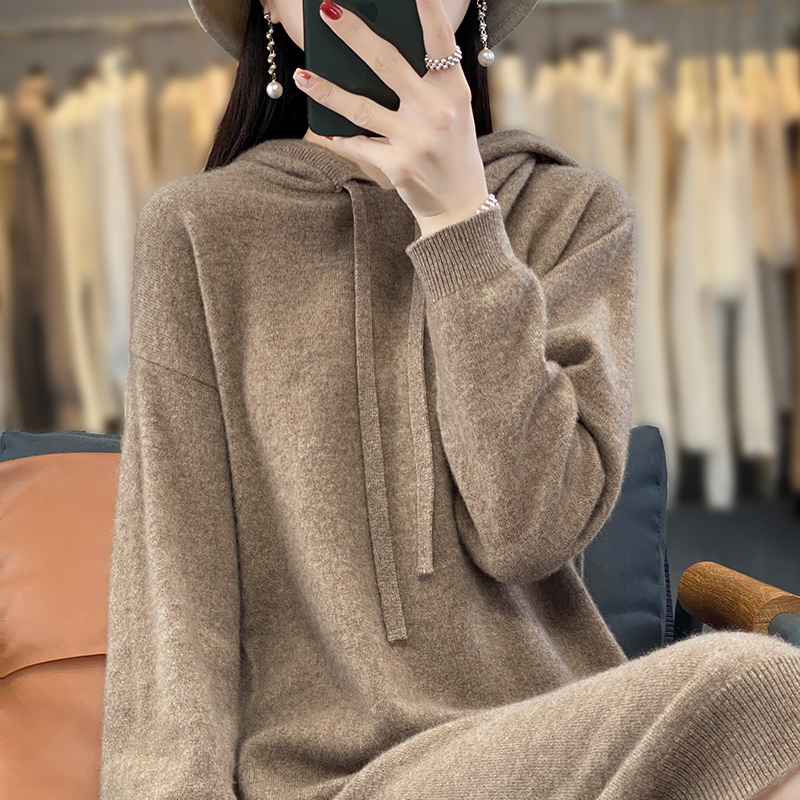 Hooded Solid Color Cashmere Dress for Women, Hooded Sweater, Versatile, Elegant, Loose, Pure Wool Knitted Long Dress, Mid-Length Hooded Solid Color Cashmere Dress for Women, Hooded Sweater, Versatile, Elegant, Loose, Pure Wool Knitted Long Dress, Mid-Length