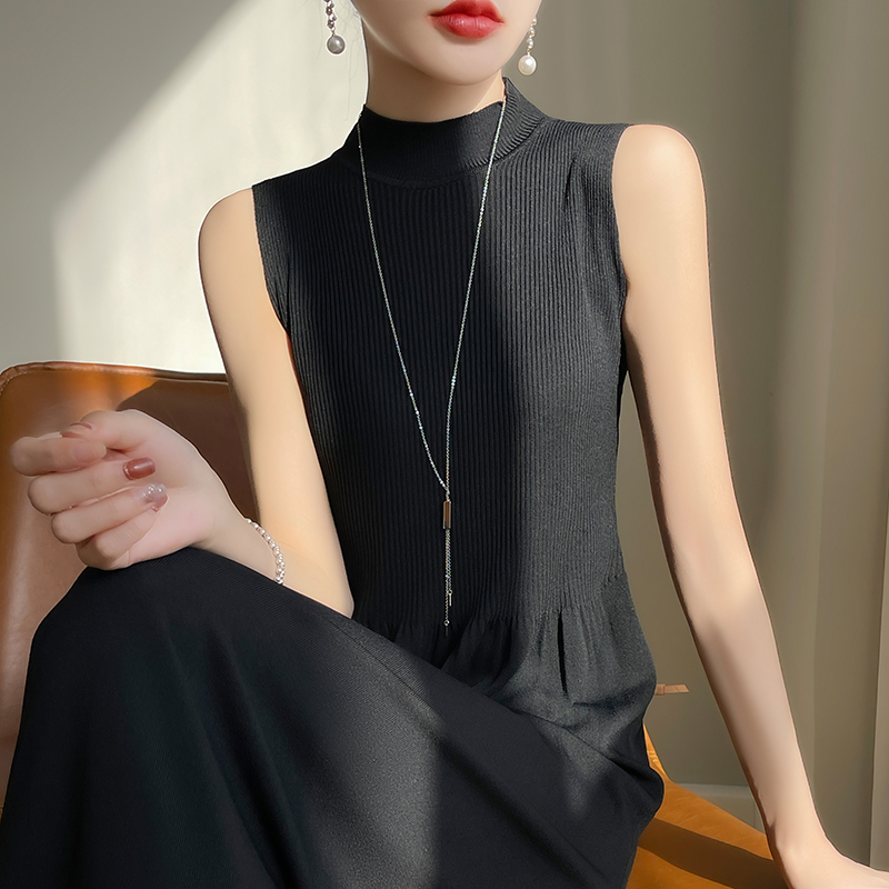 Summer Thin Ice Silk Half Turtleneck Knitted Dress Women's Sleeveless Vest Mid-Length High-Waisted Knee-Length Beaded Long Skirt