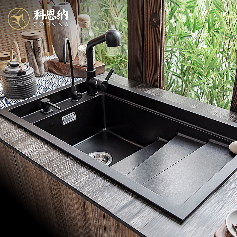 ㊙Kornner quartz stone sink single sink kitchen wash basin wash basin household granite under-counter basin stepped