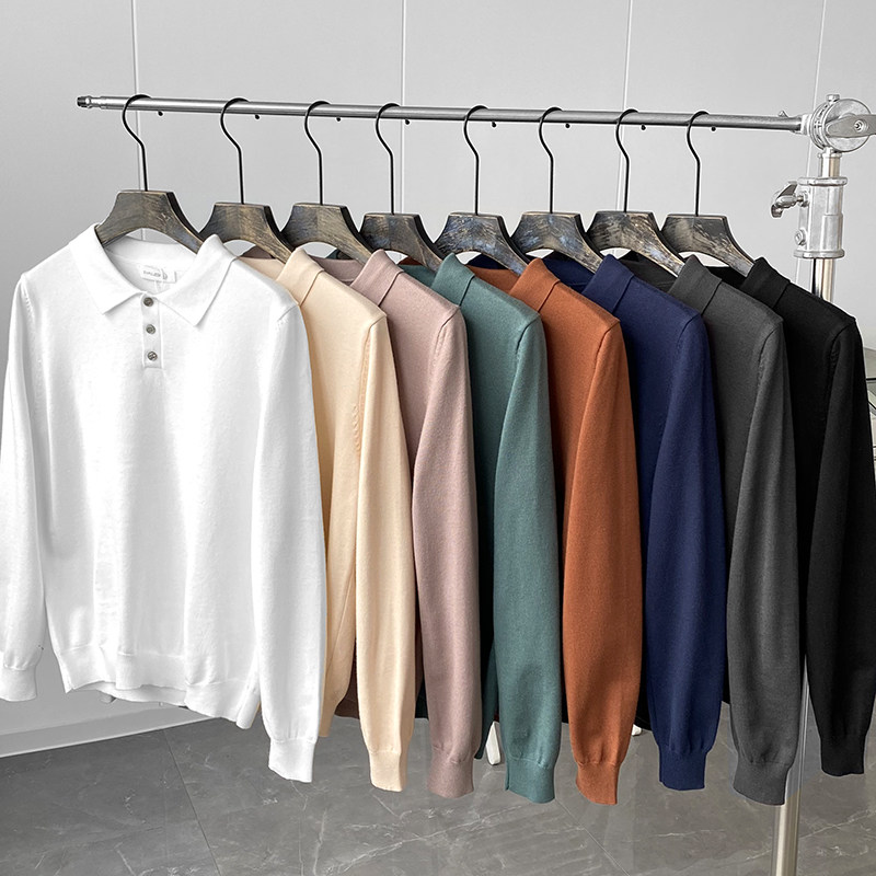 Foreign trade original single solid color basic style spring and autumn men's lapel pullover long-sleeved knitted polo shirt 15145