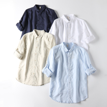 Flip collar natural gas linen comfortable slim men can roll sleeve solid color cotton linen long sleeve shirt tide 4587