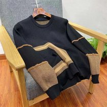 Special clearance sweater check autumn and winter new mens round neck stitching pullover knitted sweater 6965