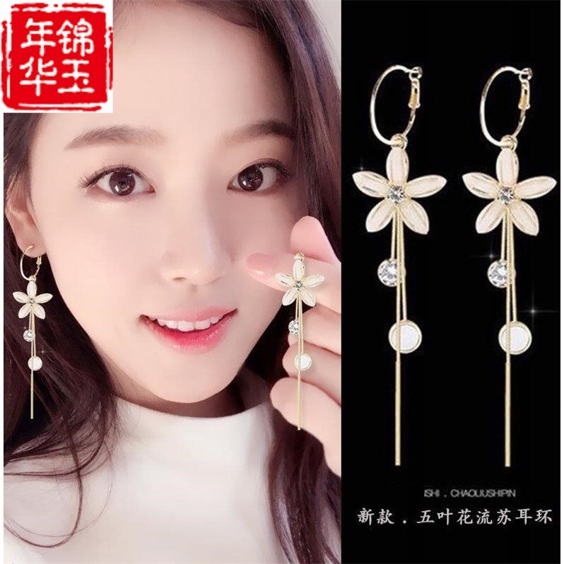 925 earrings Han version Water drill earrings Temperament Bride's Crystal Long version Flow Su Earrings Earrings Female