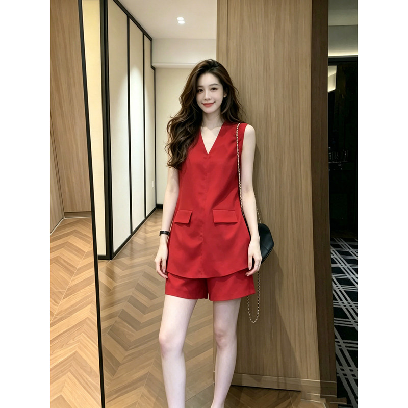 Jieya Clothing Red Sleeveless Vest Shorts Set for Women Fashionable Casual Commuting Style Unique and Beautiful Set Jieya Clothing Red Sleeveless Vest Shorts Set for Women Fashionable Casual Commuting Style Unique and Beautiful Set