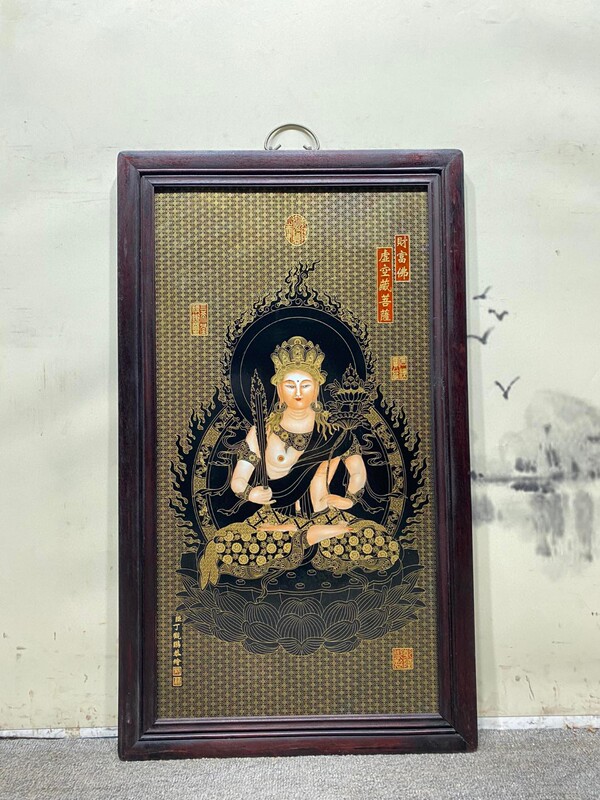 Antique Decorative Item: Ding Guanpeng Redwood Porcelain-Inlaid Panel Painting of Guanyin for Living Room Wall Hanging, Vintage Collectible Old Object