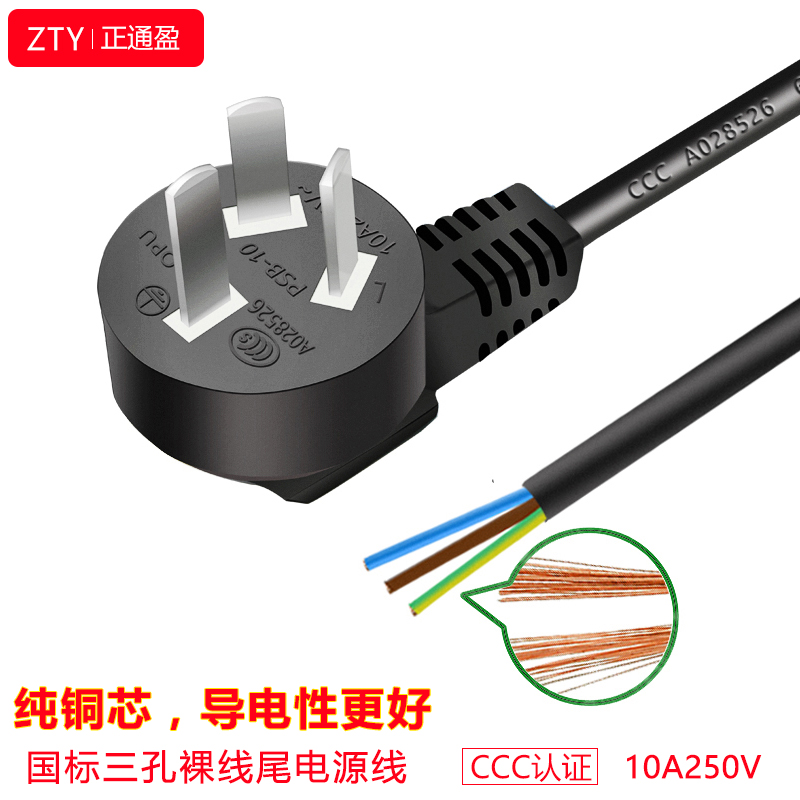 Pure copper power cord three holes 3 plug connection line high power 10A household water heater 1 5 square
