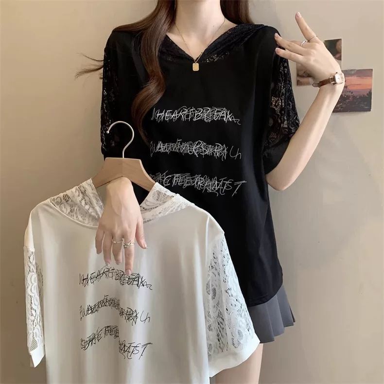 150kg Plus-Size Designer Lace Hollow-Out Loose Hooded Mid-Length Casual Versatile Short-Sleeve Top for Women 150kg Plus-Size Designer Lace Hollow-Out Loose Hooded Mid-Length Casual Versatile Short-Sleeve Top for Women