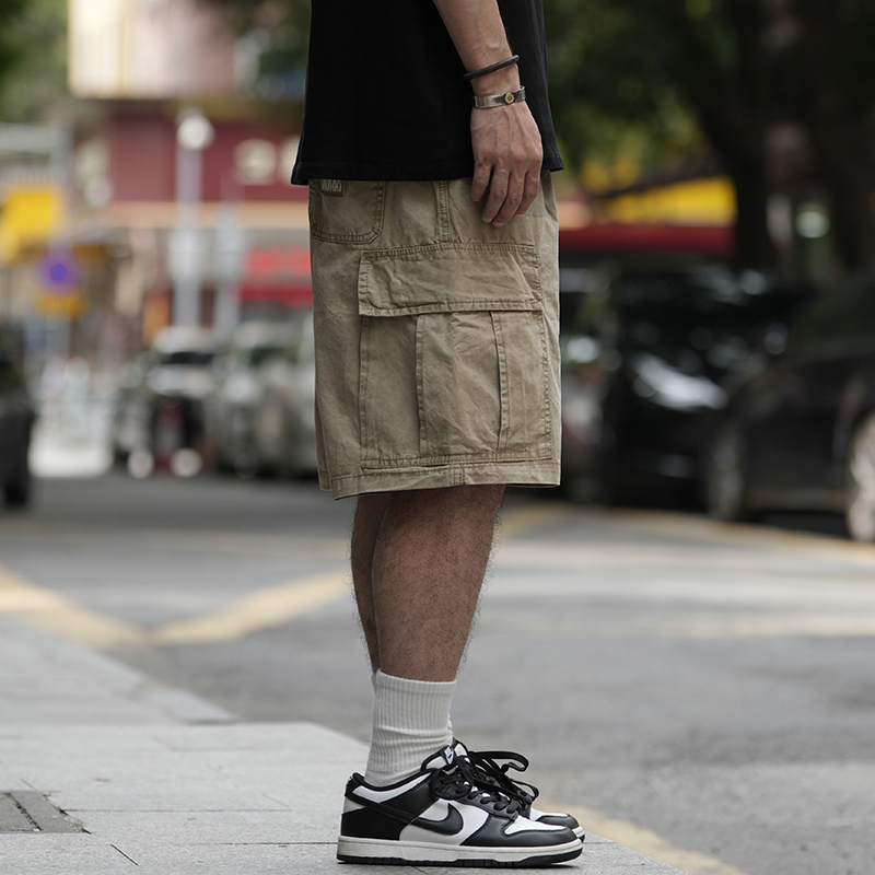 Ipenny Heavy-Duty Washed Vintage Work Shorts for Men, Summer Loose Fit, Over-The-Knee Japanese Retro Multi-Pocket Five-Point Shorts