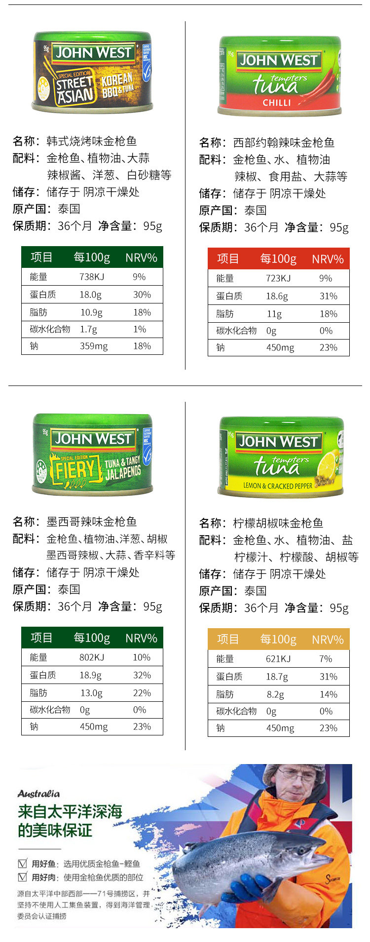 泰国进口 JOHN WEST 西部约翰 金枪鱼罐头 多口味 95g*4罐 图3