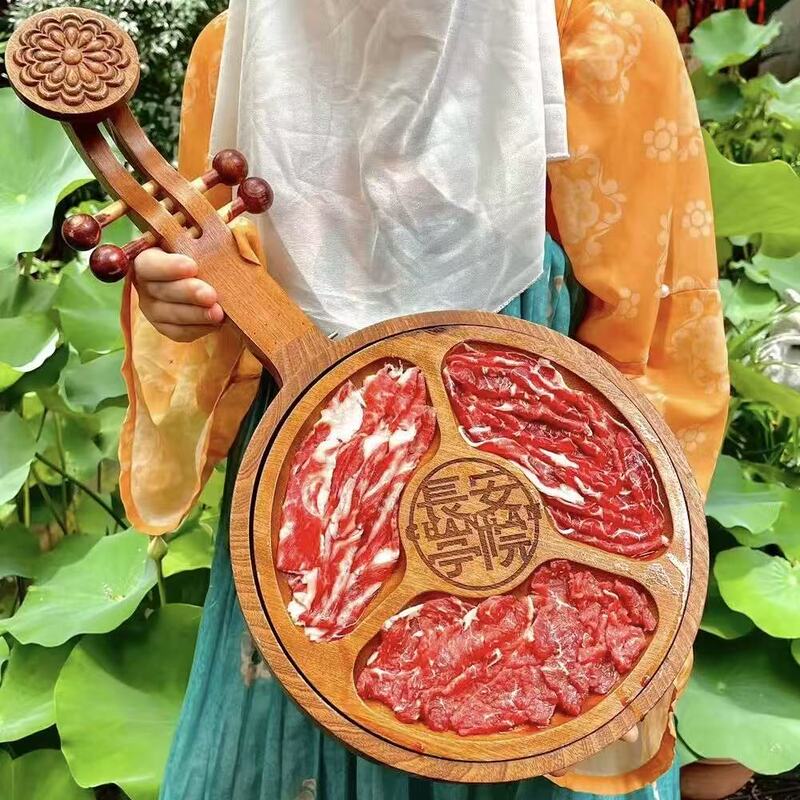 Wooden Pipa-Shaped Hot Pot Restaurant Three-Compartment Platter Tableware, Creative and Unique Plate for Hand-Cut Fresh Beef and Lamb