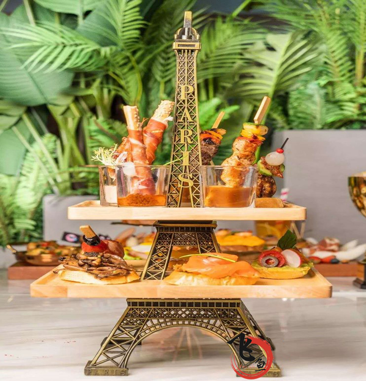 Eiffel Tower Double-Layer Square Wooden Tray Restaurant Creative High-End Afternoon Tea Tableware Buffet Display Stand Eiffel Tower Double-Layer Square Wooden Tray Restaurant Creative High-End Afternoon Tea Tableware Buffet Display Stand