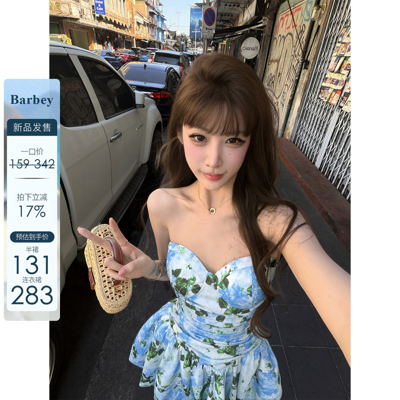 Aunt Barbie Mayoral Garden Blue Floral Dress with a Cinched Waist and Puffy Skirt/Short Skirt