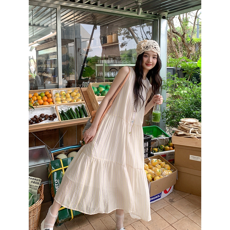 Mere Korean Age-Reducing Round-Neck Colorful Striped Sleeveless Dress for Women, Summer Beach Vacation Loose Long Dress