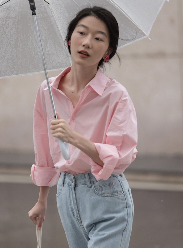 Mere Korean Pink Long-Sleeved Shirt for Women 2026 Spring and Autumn New Style Petite French Design Niche Top