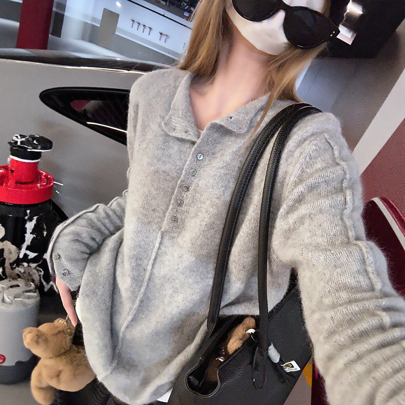 Loose-Fitting Knit Sweater with Beer Collar, Half-Button Placket, Rolled Edges, Raccoon Wool, Casual Base Layer