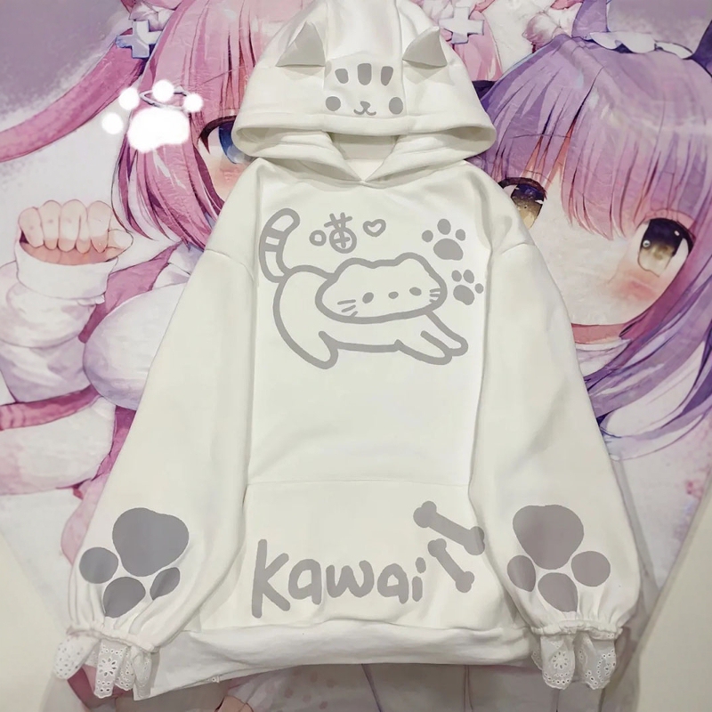 Autumn and Winter Japanese Style Soft Girl Cute Cat Print Ear Hooded Sweatshirt Student Loose Fleece-Lined Jacket Women's Trendy