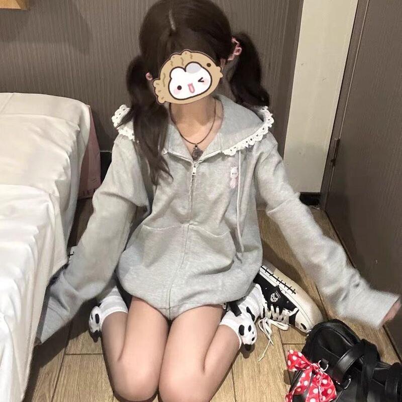 Autumn Japanese-Style Cute and Youthful Cat Embroidery Lace Hoodie Student Loose Hooded Cardigan Jacket for Women