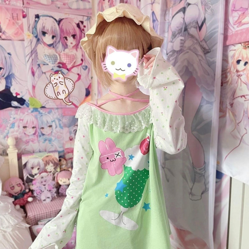 Autumn Japanese-Style Soft Girl Cute Cartoon Print Long-Sleeved Top Student Tie-Neck Off-Shoulder T-Shirt Daughter's Clothing