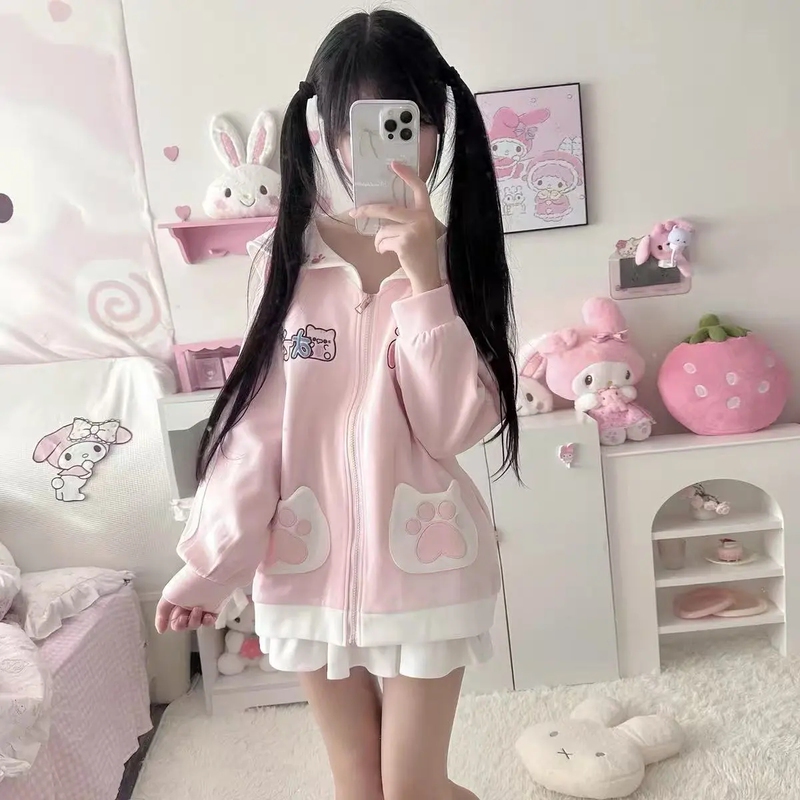 Spring and Autumn Japanese-Style Soft Cute Girl Sweet Cartoon Cat Print Sailor Collar Student Zipper Sweatshirt Jacket for Women