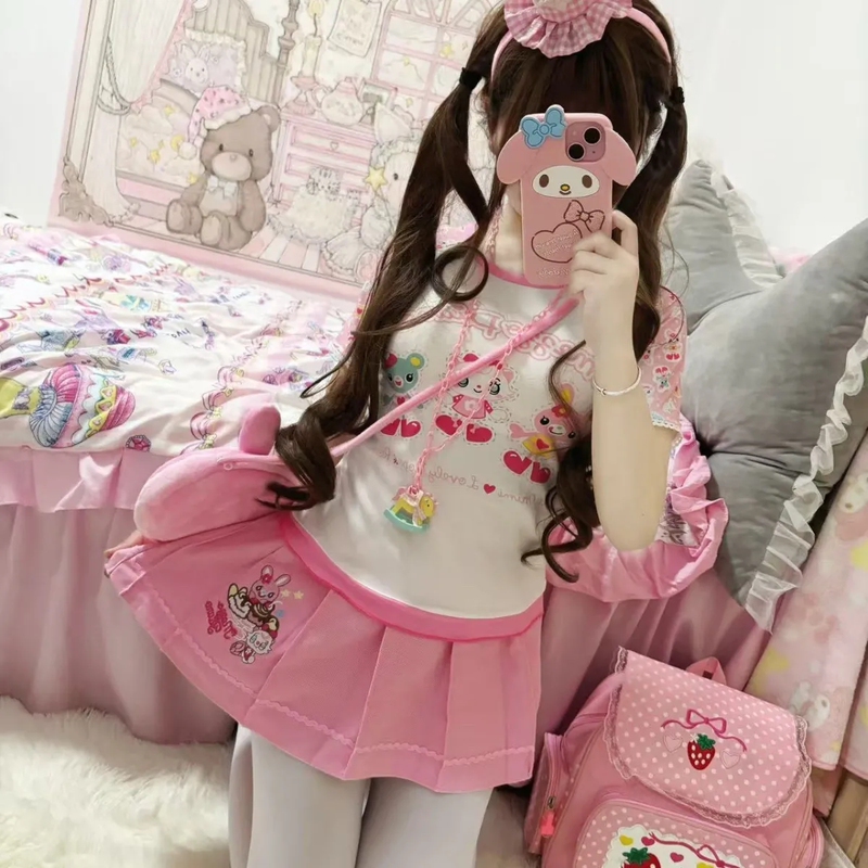 Summer Japanese-Style Soft and Cute Girl's Retro Mp Cartoon Print Daughter's Outfit T-Shirt Top Pleated Skirt Set
