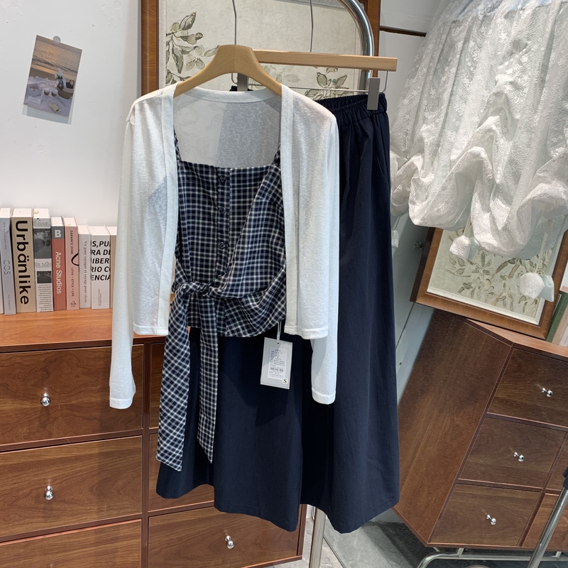 French-Style Sun-Protective Cardigan, Plaid Casual Pants, and Camisole Three-Piece Set for Women, Summer Vibe, Waist-Cinching Tie Set